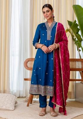 Teal Blue Embroidery Silk Kurta Set