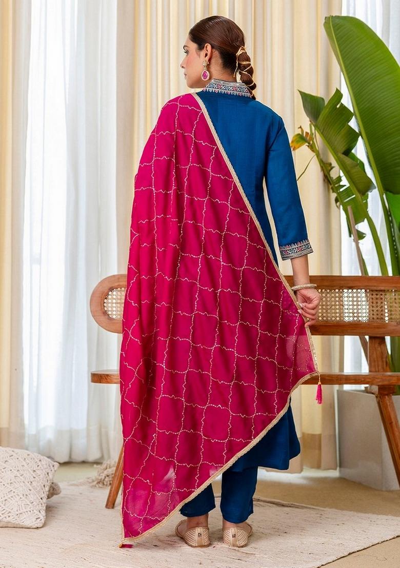 Teal Blue Embroidery Silk Kurta Set - Indya