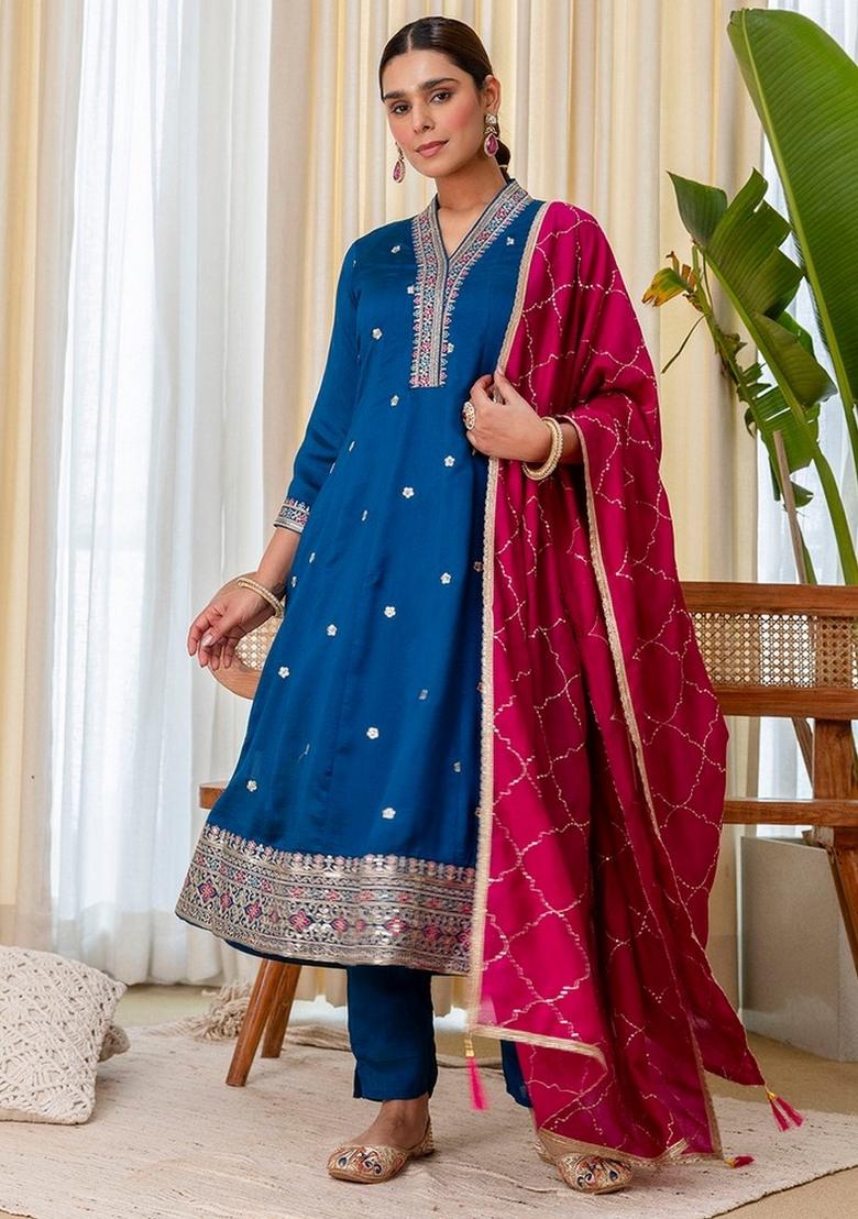Teal Blue Embroidery Silk Kurta Set - Indya