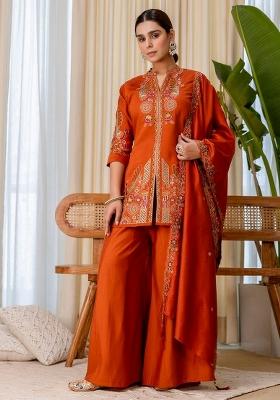 Rust Embroidery Silk Kurta Set