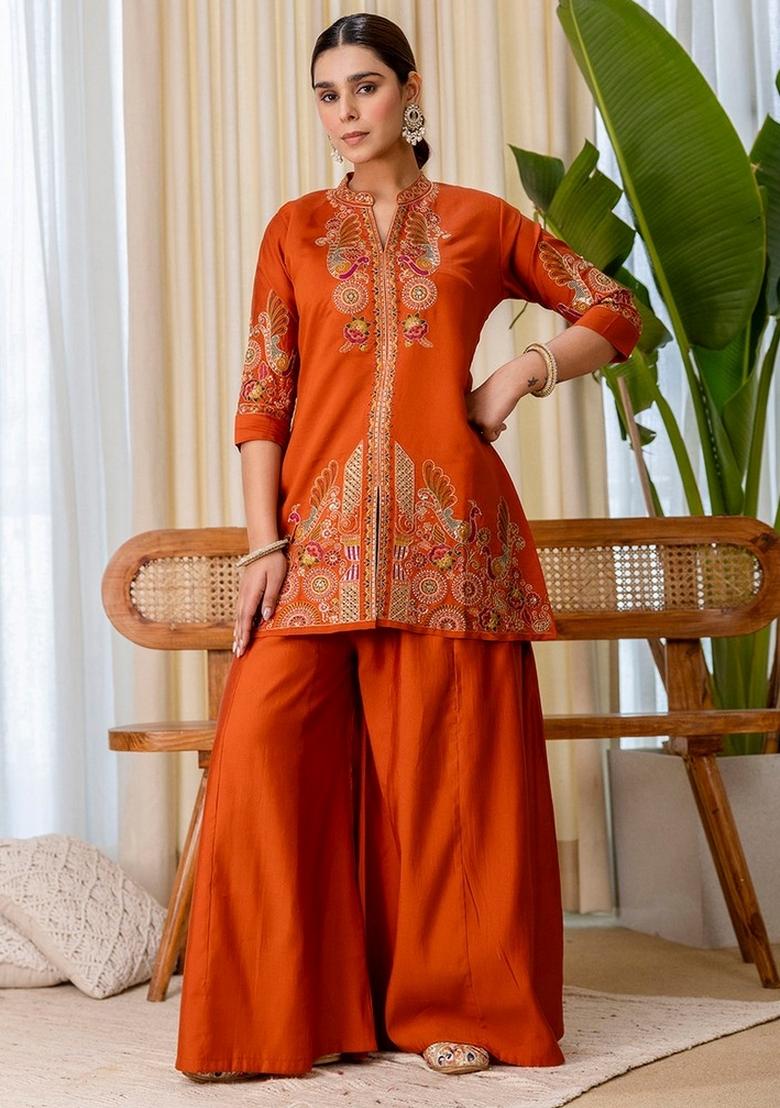 Rust Embroidery Silk Kurta Set - Indya