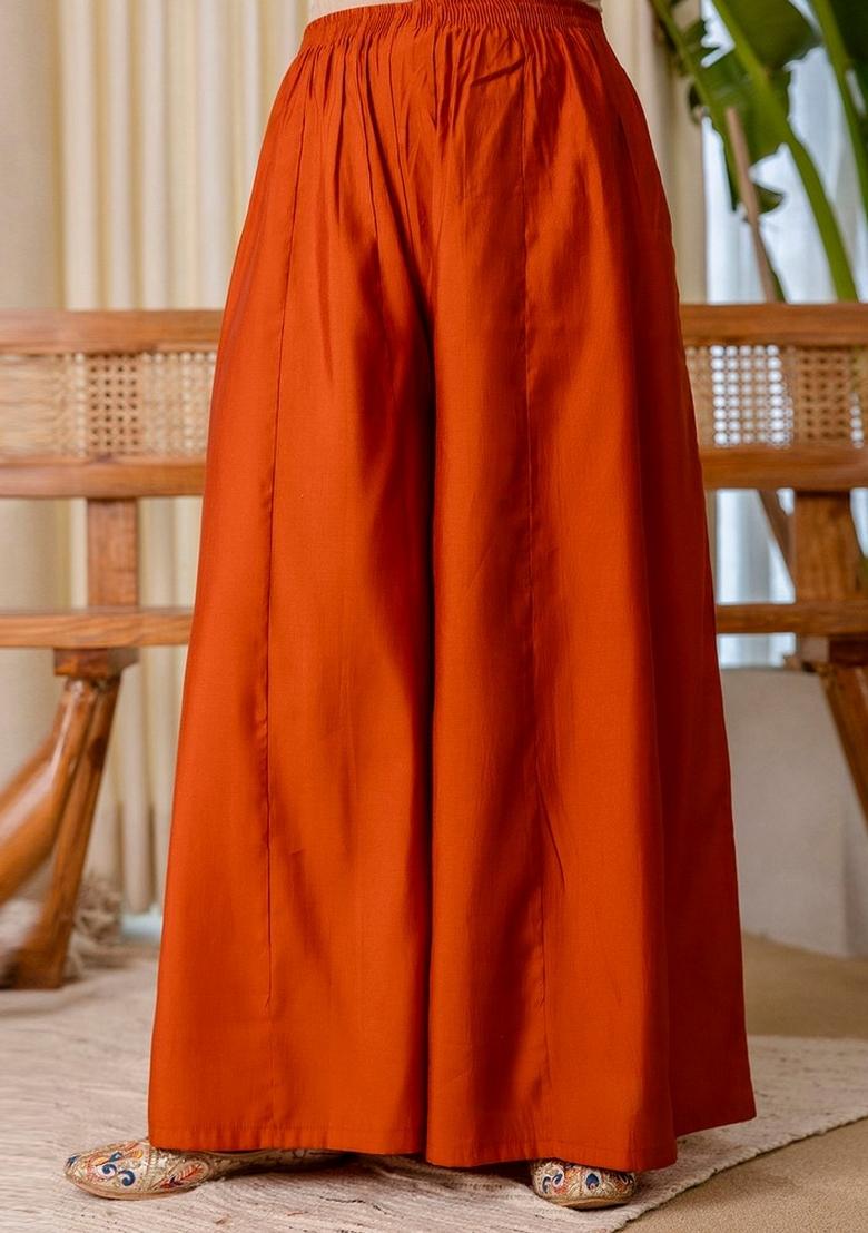 Rust Embroidery Silk Kurta Set - Indya