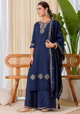 Blue Embroidery Silk Kurta Set