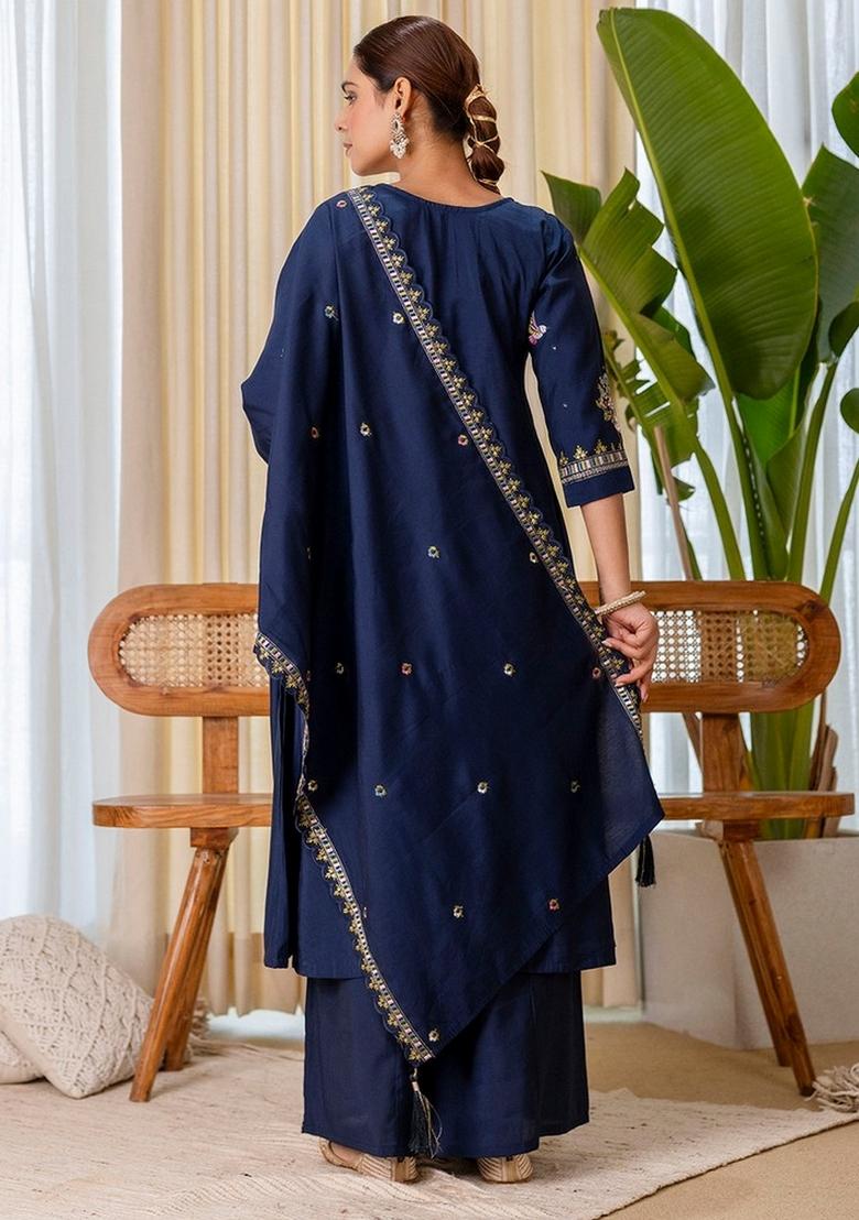 Blue Embroidery Silk Kurta Set - Indya