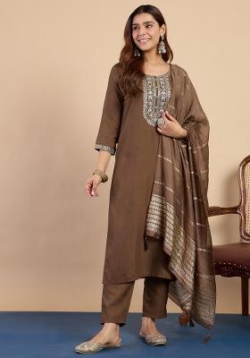 Brown Embroidery Cotton Kurta Set