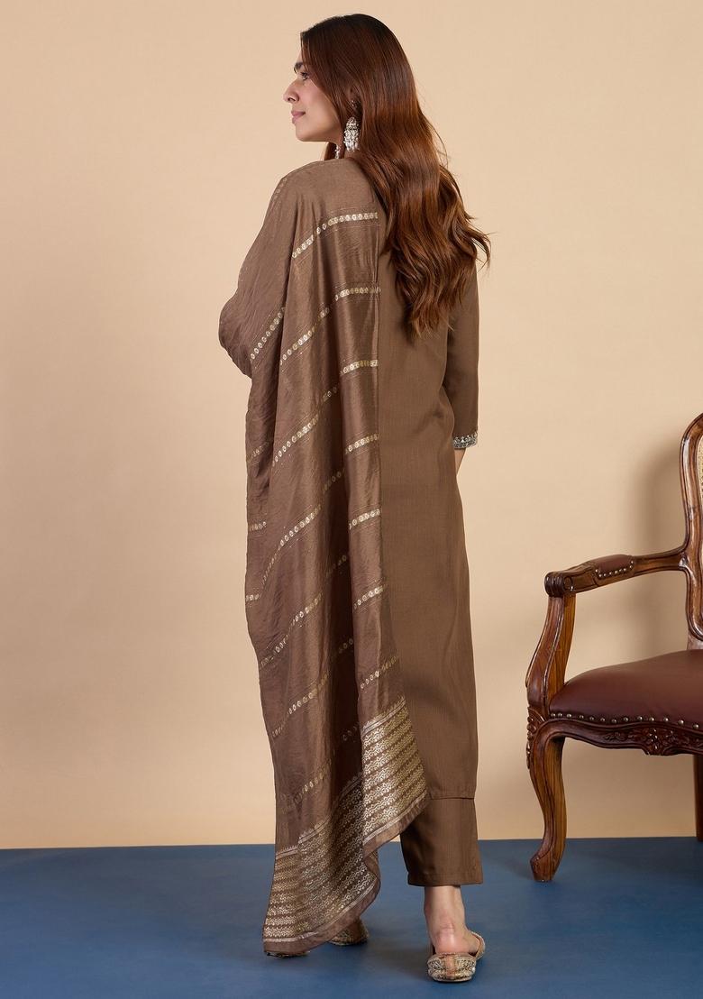 Brown Embroidery Cotton Kurta Set - Indya