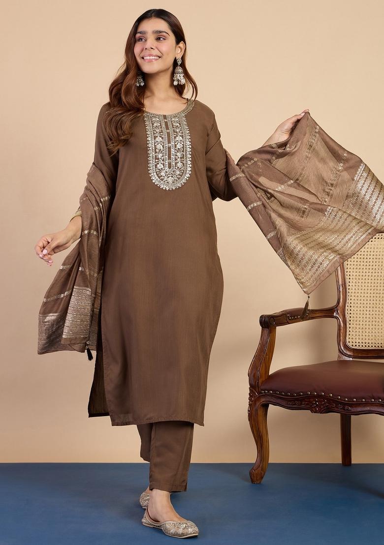 Brown Embroidery Cotton Kurta Set - Indya