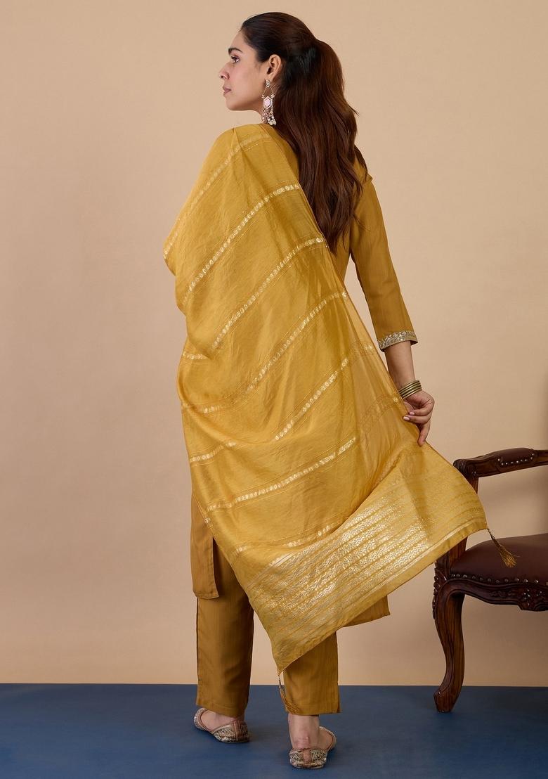 Mustard Embroidery Cotton Kurta Set - Indya