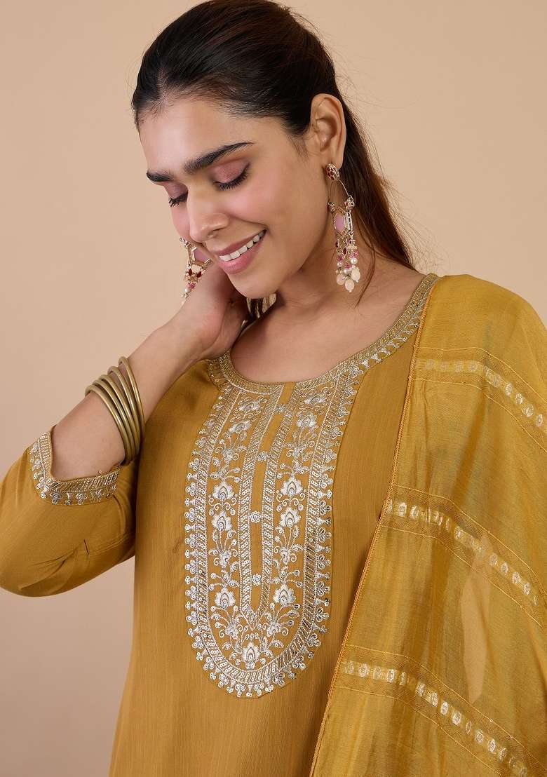 Mustard Embroidery Cotton Kurta Set - Indya