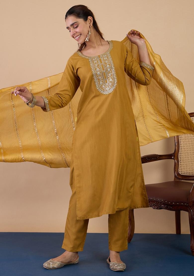Mustard Embroidery Cotton Kurta Set - Indya