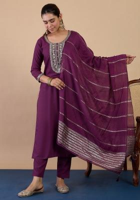 Purple Embroidery Cotton Kurta Set