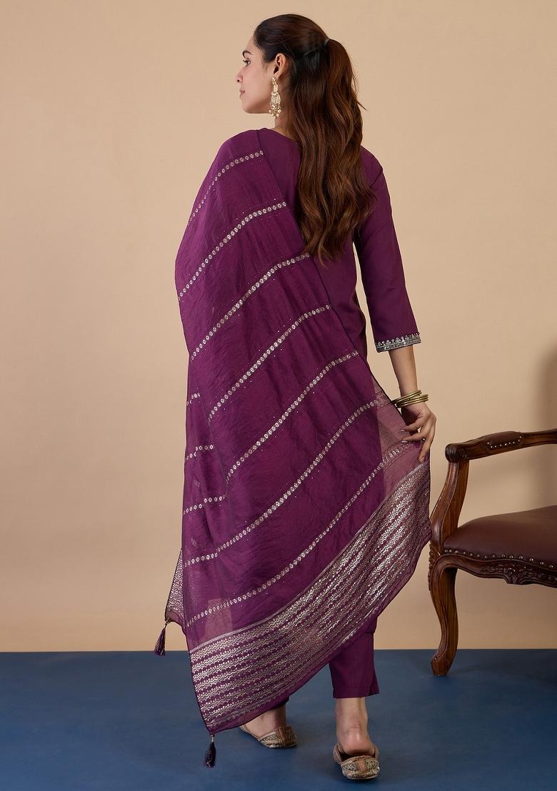 Purple Embroidery Cotton Kurta Set - Indya
