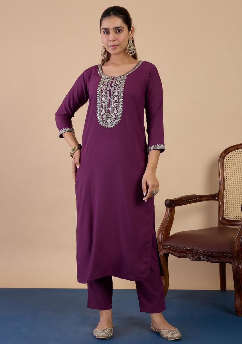Purple Embroidery Cotton Kurta Set - Indya