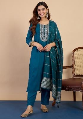 Teal Blue Embroidery Cotton Kurta Set