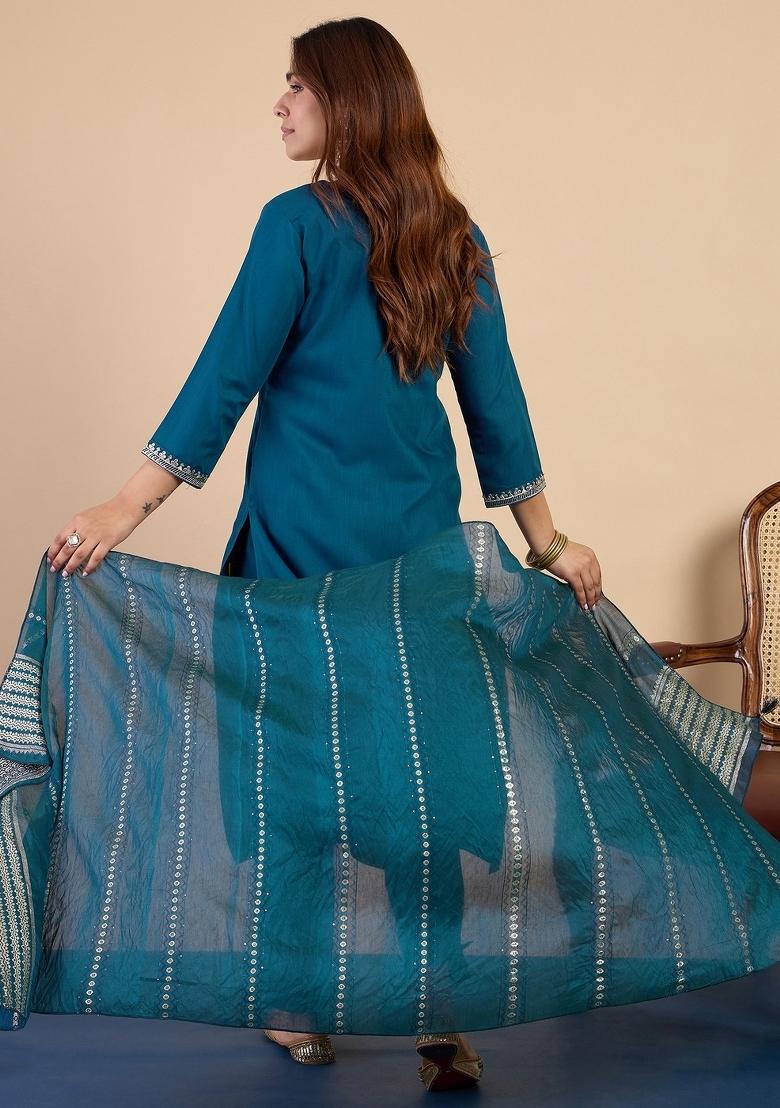 Teal Blue Embroidery Cotton Kurta Set - Indya