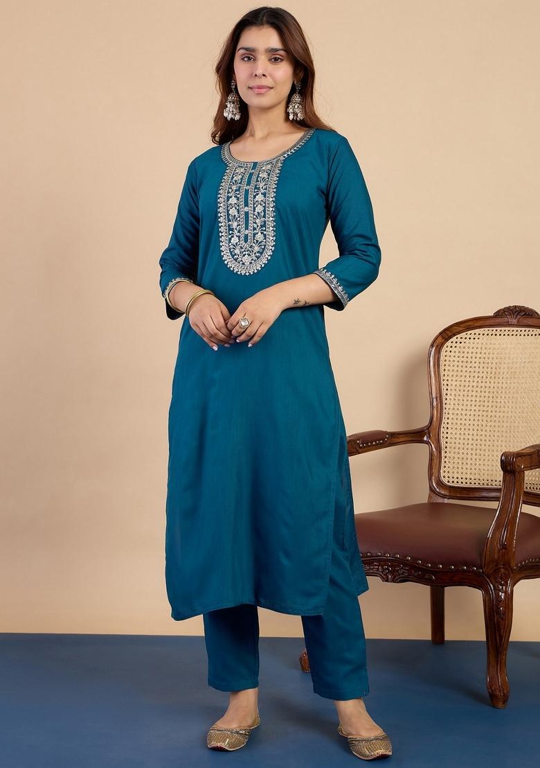 Teal Blue Embroidery Cotton Kurta Set - Indya