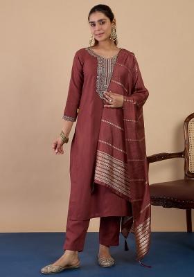 Brown Embroidery Cotton Kurta Set