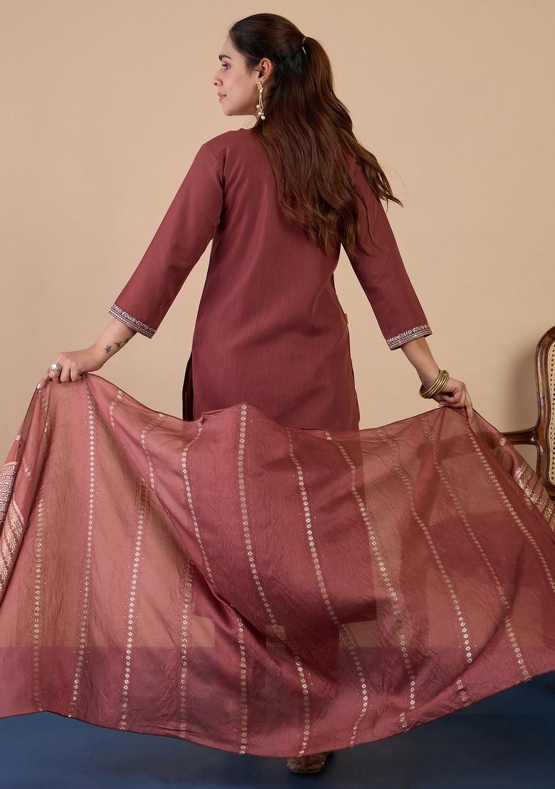Brown Embroidery Cotton Kurta Set - Indya