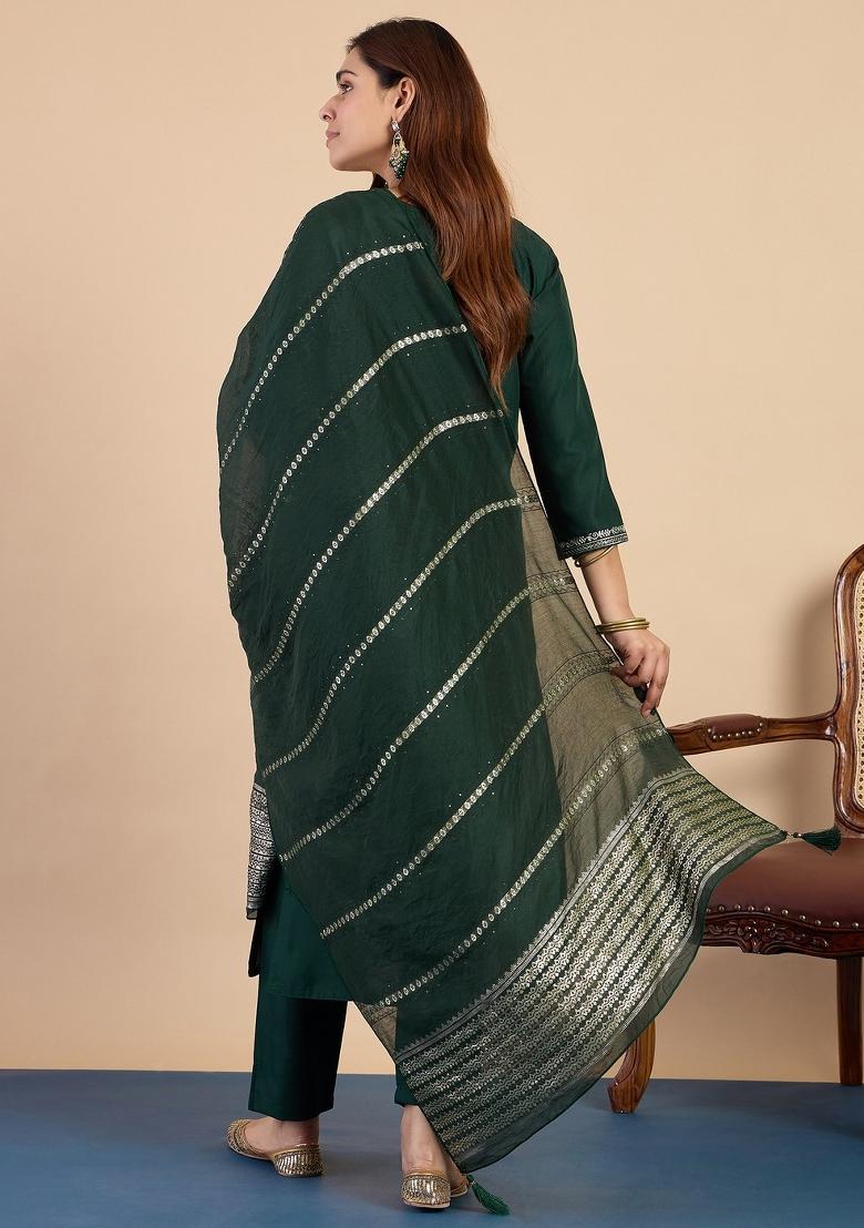 Green Embroidery Cotton Kurta Set - Indya