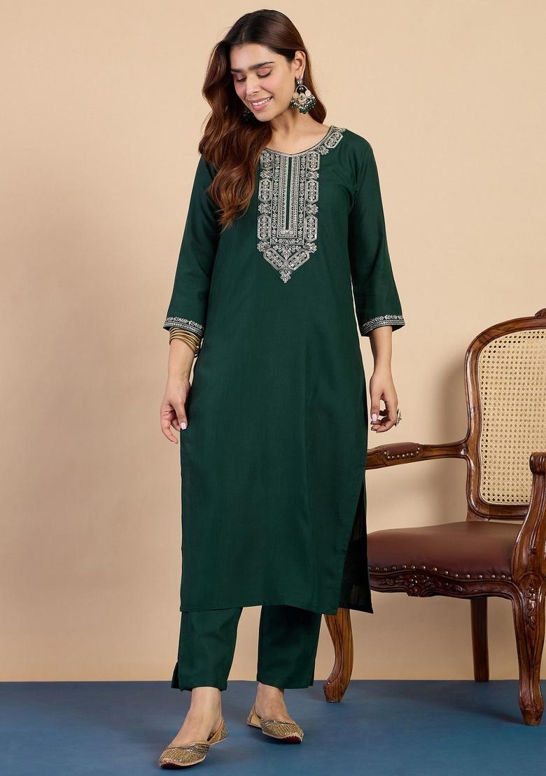 Green Embroidery Cotton Kurta Set - Indya