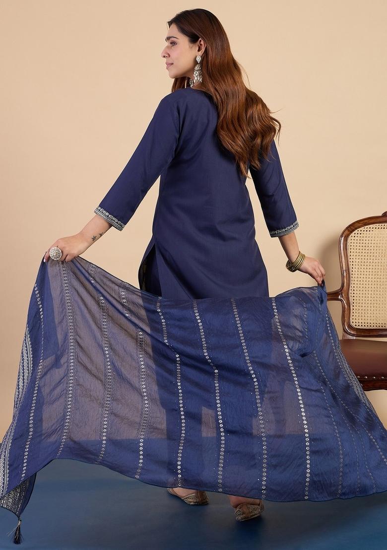 Navy Blue Embroidery Cotton Kurta Set - Indya
