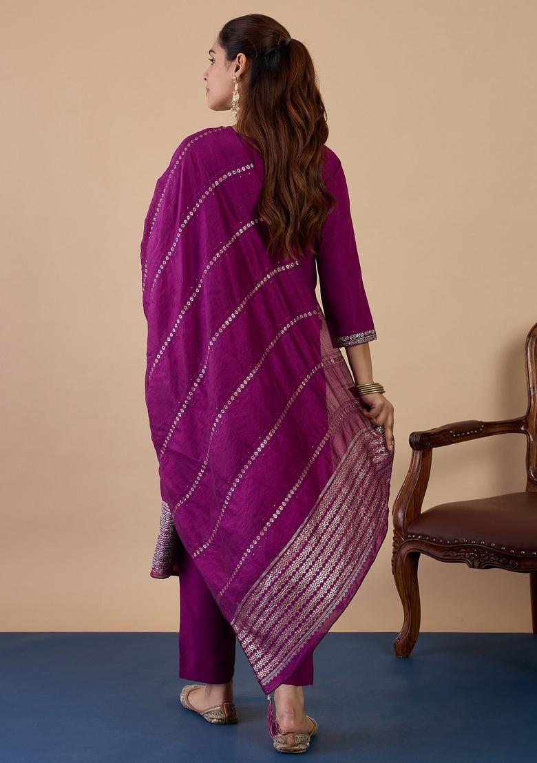 Purple Embroidery Cotton Kurta Set - Indya