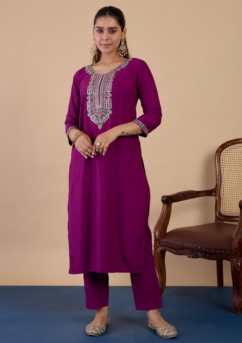 Purple Embroidery Cotton Kurta Set - Indya