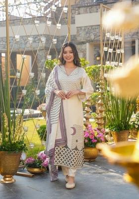 Cream Printed Silk Kurta Set