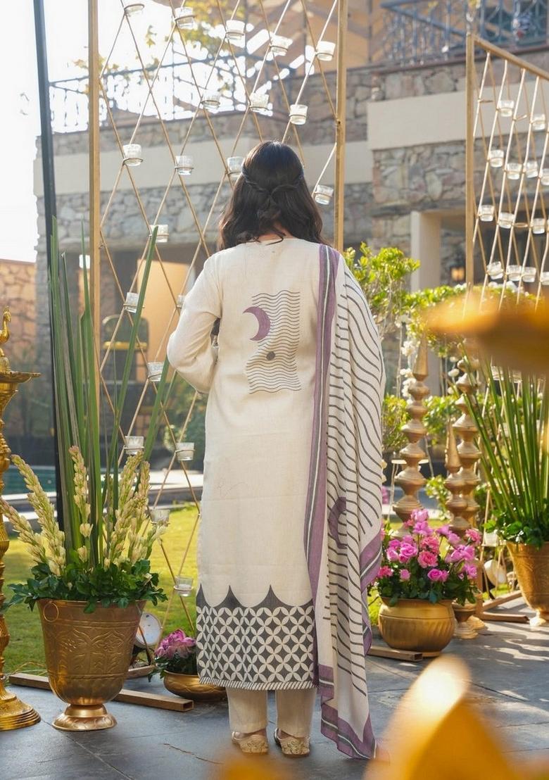 Cream Printed Silk Kurta Set - Indya