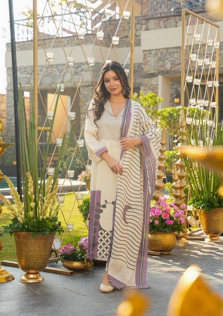 Cream Printed Silk Kurta Set - Indya