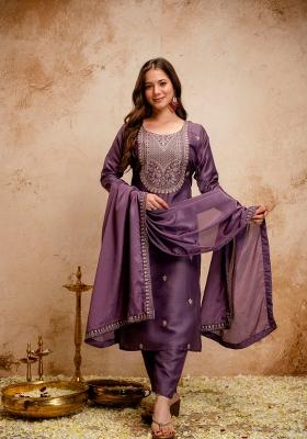 Mauve Embroidery Chanderi Kurta Set
