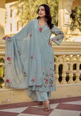Sky Blue Embroidery Chanderi Kurta Set