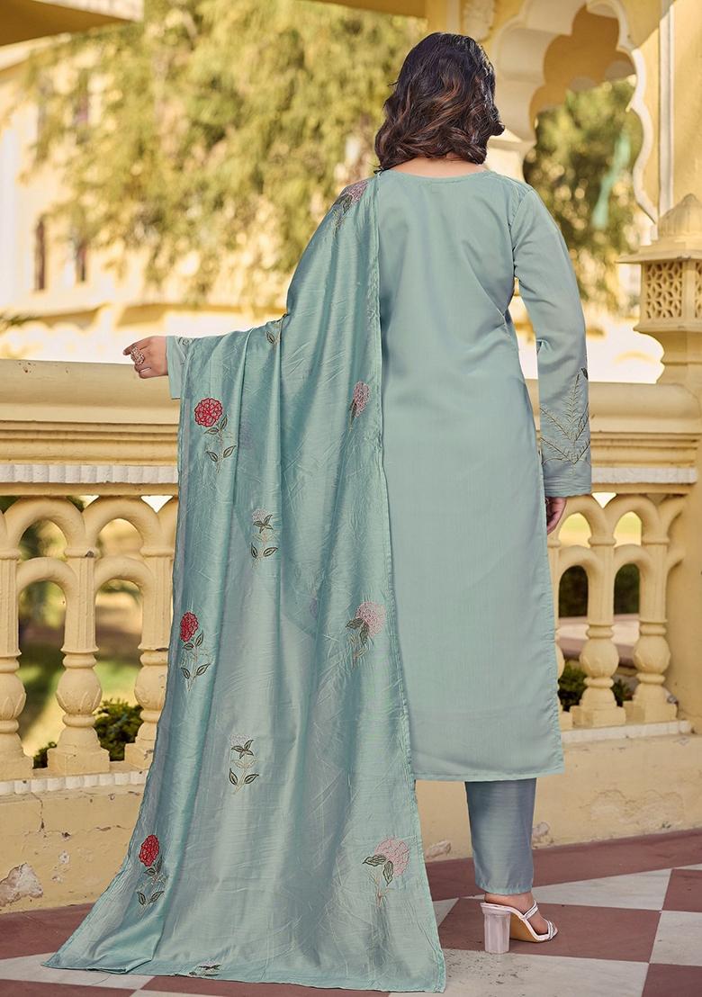 Sky Blue Embroidery Chanderi Kurta Set - Indya
