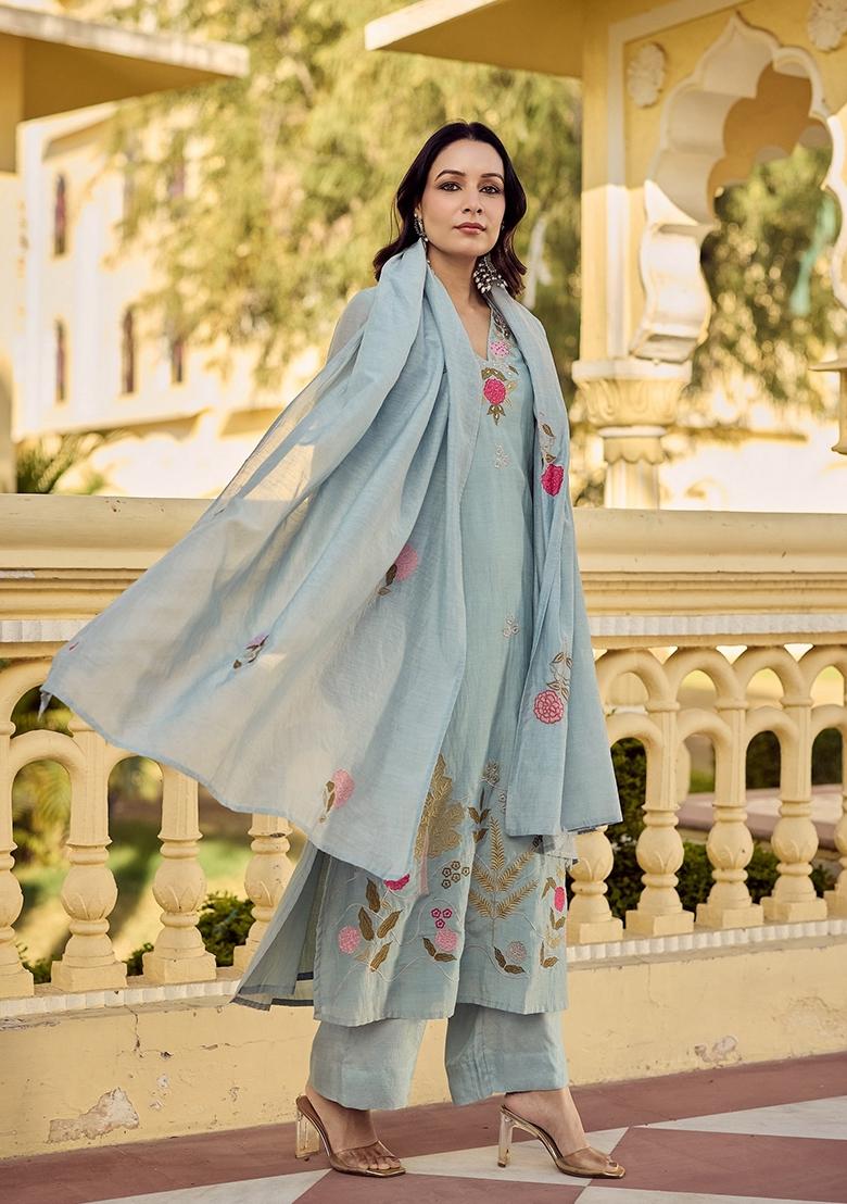 Sky Blue Embroidery Chanderi Kurta Set - Indya