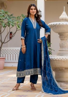 Blue Embroidery Silk Kurta Set