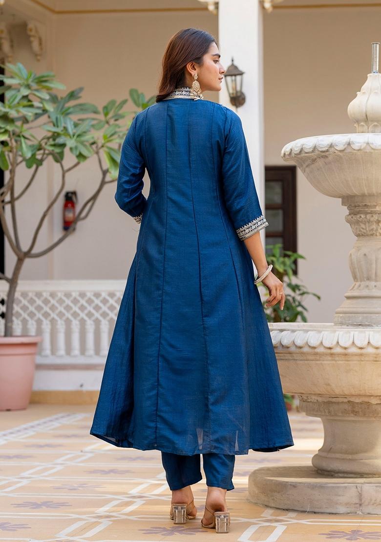 Blue Embroidery Silk Kurta Set - Indya