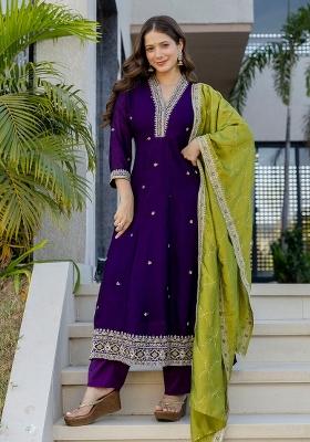 Purple Embroidery Silk Kurta Set