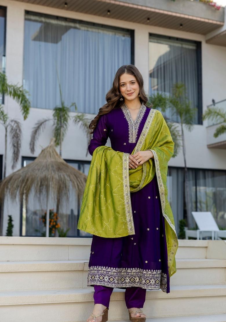 Purple Embroidery Silk Kurta Set - Indya