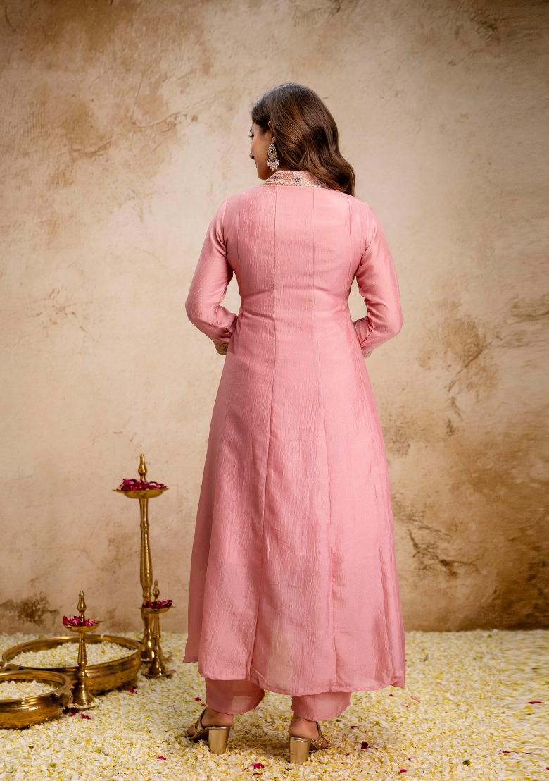 Pink Embroidery Silk Kurta Set - Indya