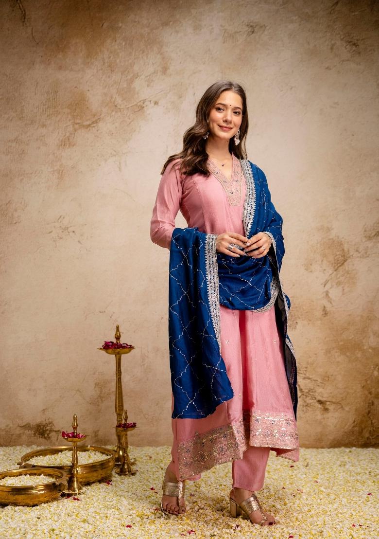 Pink Embroidery Silk Kurta Set - Indya