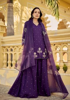 Purple Embroidery Chanderi Kurta Set