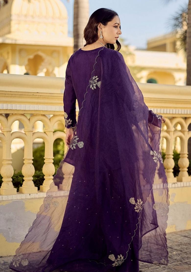 Purple Embroidery Chanderi Kurta Set - Indya