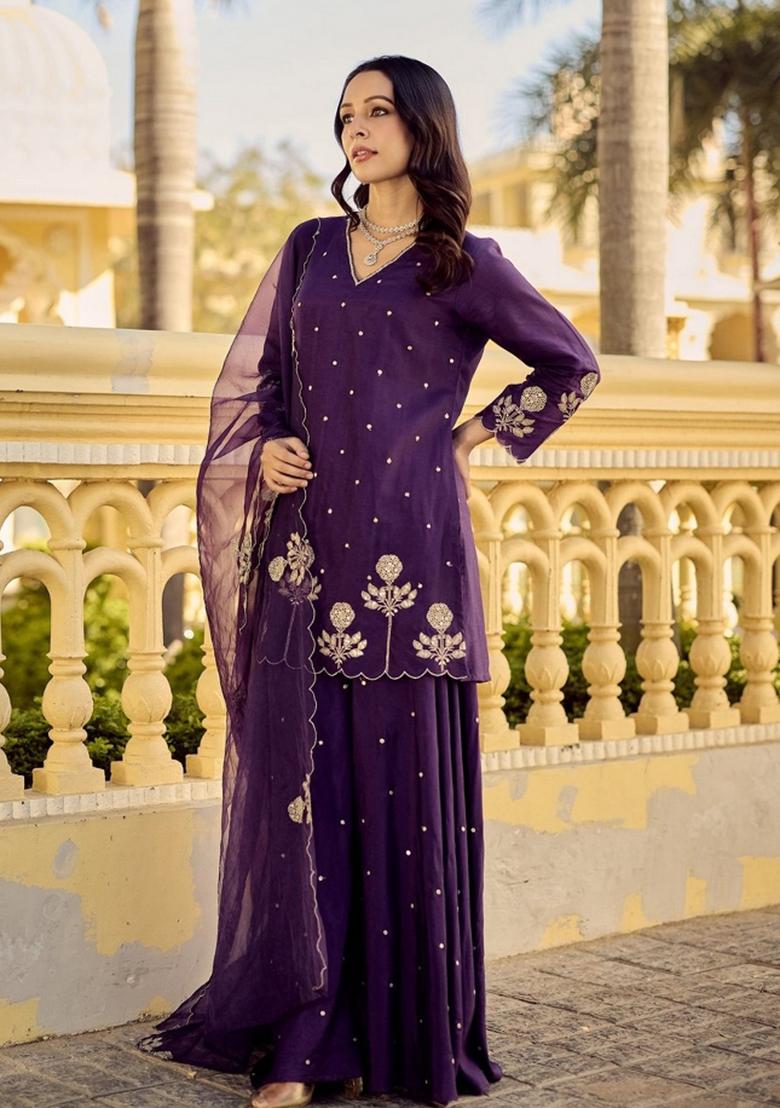 Purple Embroidery Chanderi Kurta Set - Indya