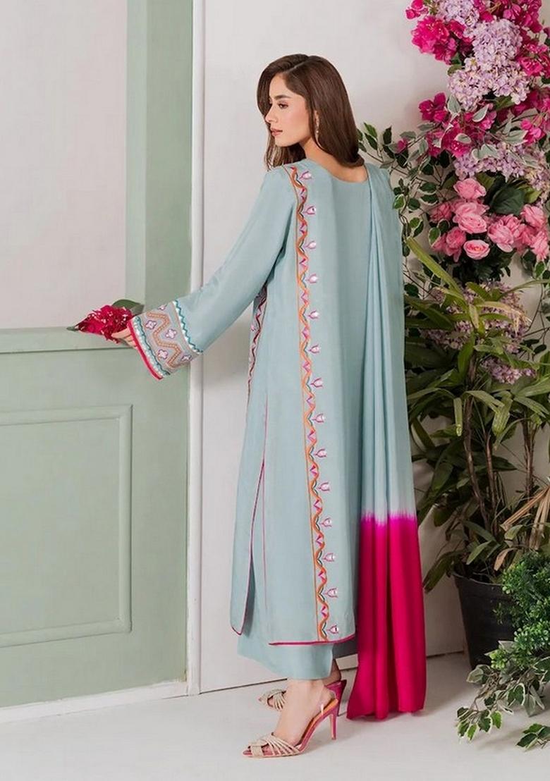 Sky Blue Embroidery Crepe Kurta Set - Indya