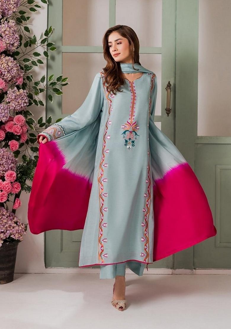 Sky Blue Embroidery Crepe Kurta Set - Indya