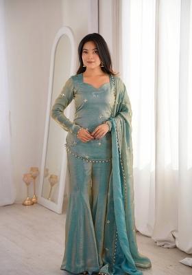 Sky Blue Embroidery Silk Kurta Set
