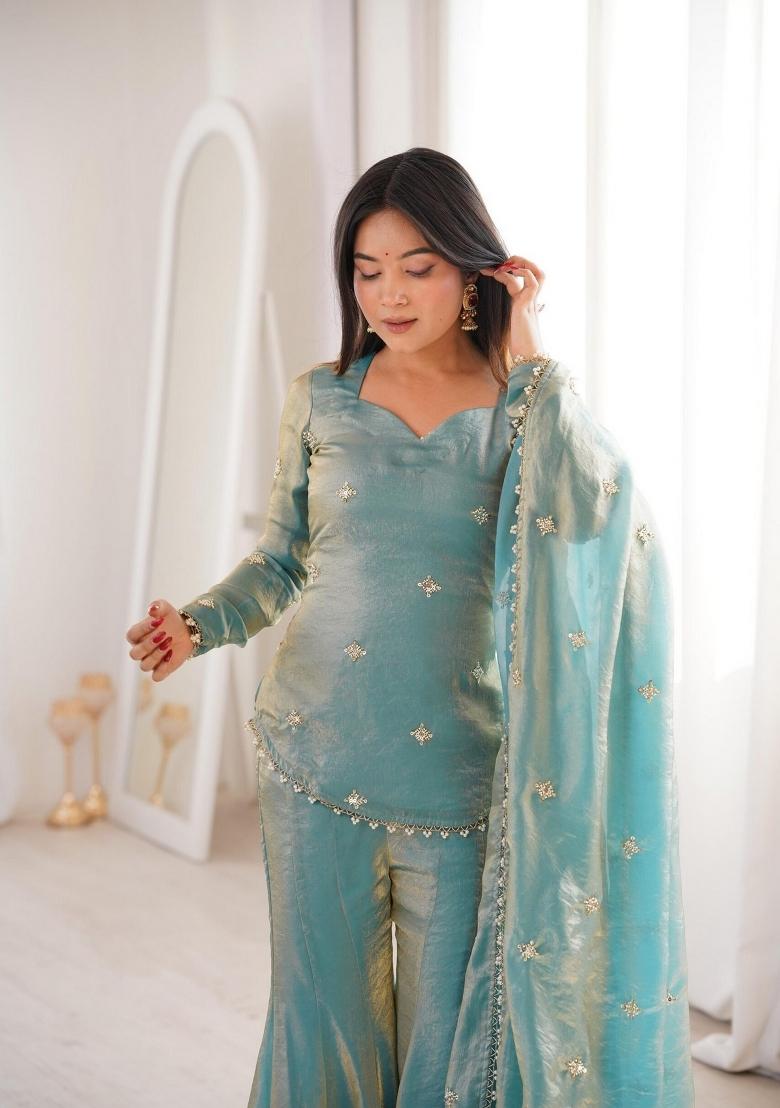 Sky Blue Embroidery Silk Kurta Set - Indya