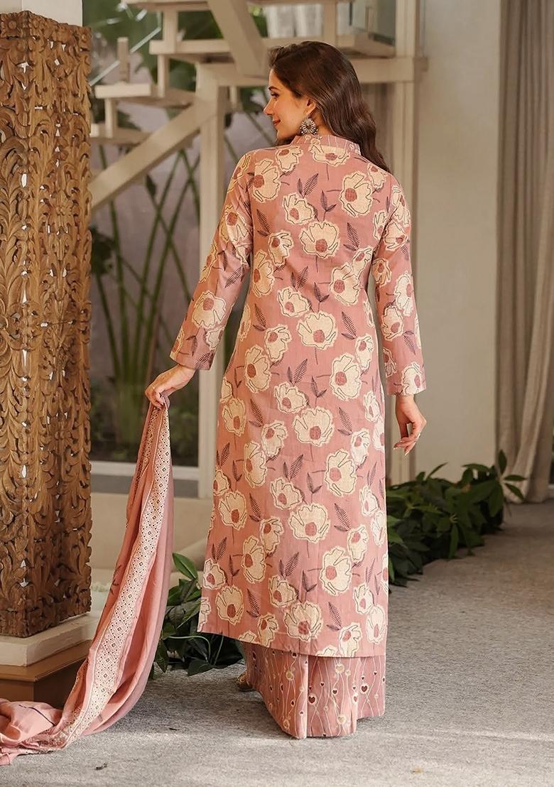 Pink Printed Cotton Kurta Set - Indya