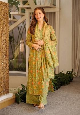 Green Printed Cotton Kurta Set