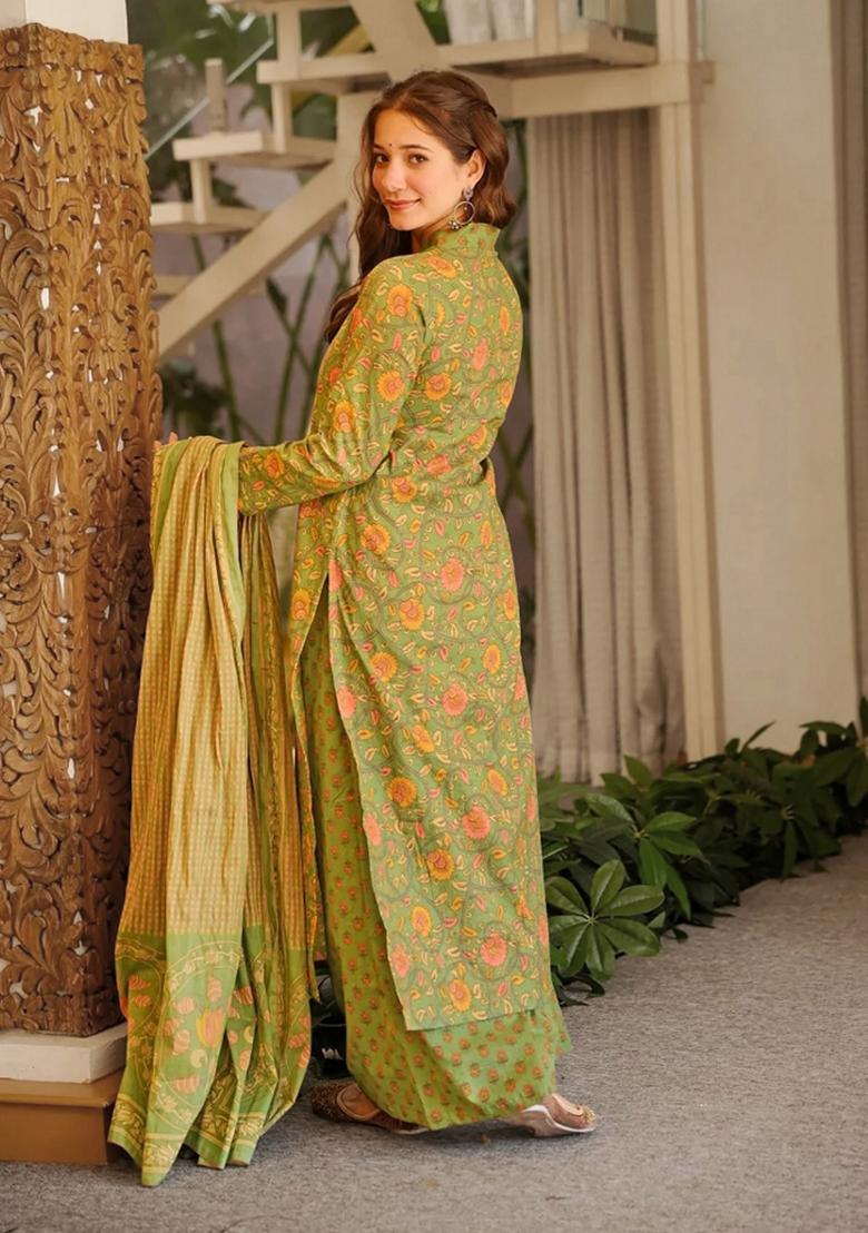 Green Printed Cotton Kurta Set - Indya